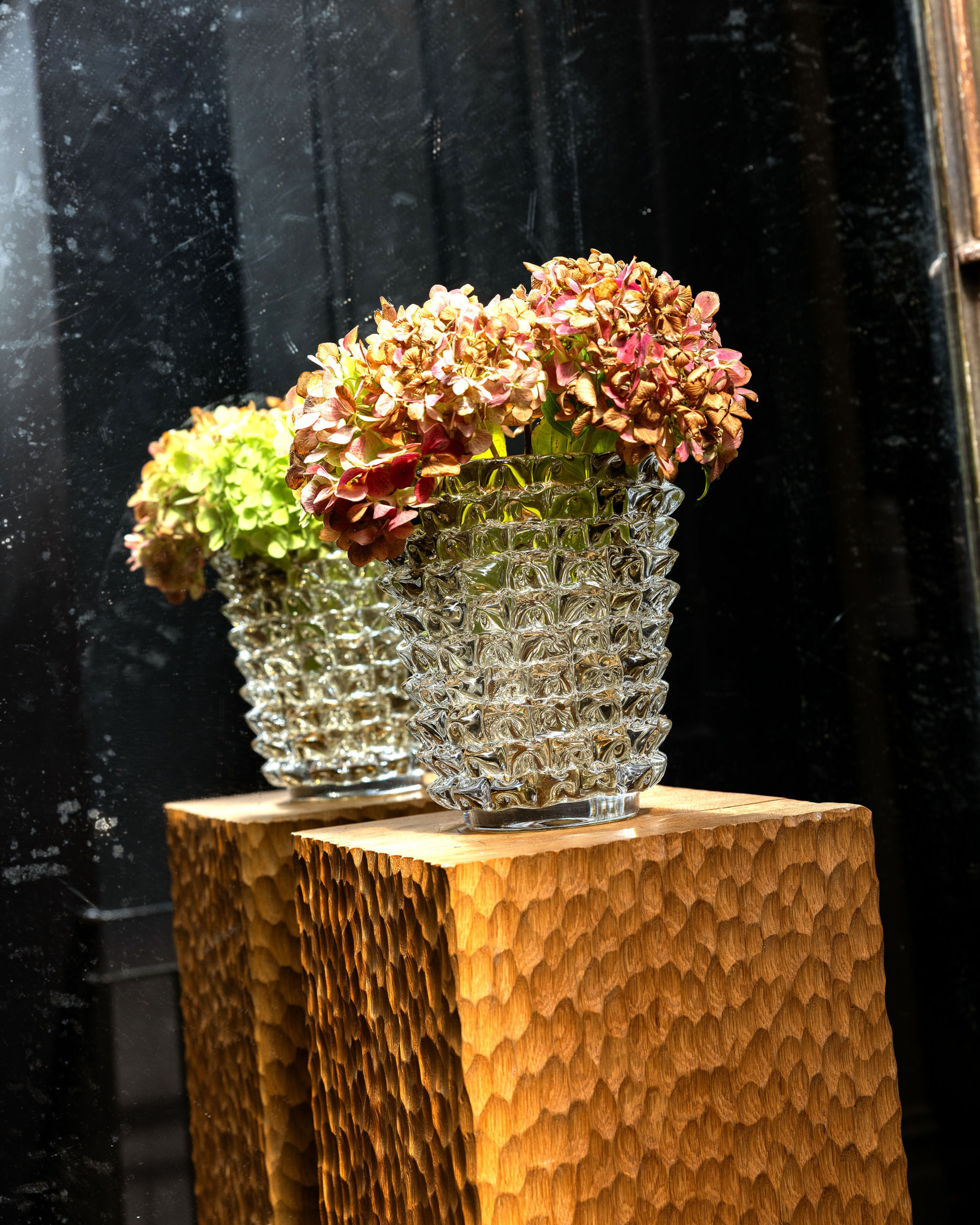 smoke handblown spike glass Fiore Vase inspired by Ercole Barovier, styled with hydrangers
